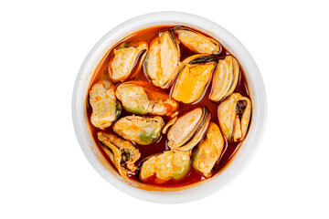 Mussels canned seafood appetizer dish organic product fresh tasty gourmet food background on the table rustic food top view copy space keto paleo pescetarian diet vegetarian food