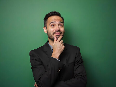 Contemplative businessman with a thoughtful expression posing against green backdrop