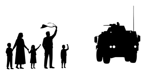 civilian family facing armored vehicle silhouette