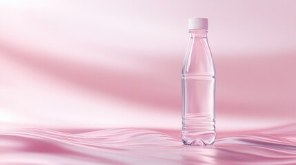 Refreshing Clear Plastic Water Bottle with Pink Cap on Soft Pink Smooth Background for Hydration and Eco Friendly Lifestyle Concept