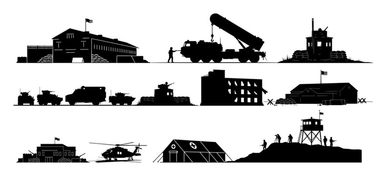 military base and vehicles silhouette set on white background