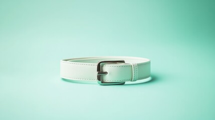 Elegant minimalist light mint green leather belt with silver buckle lying flat on smooth pastel mint background for fashion accessories and stylish outfits