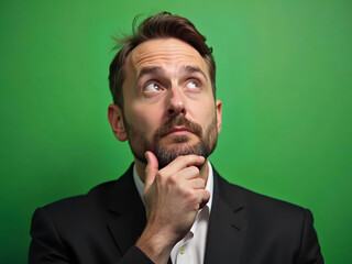 Pensive businessman gazing upwards against a vibrant green backdrop, seeking answers