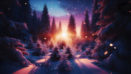 Magical Winter Forest with Glowing Lights