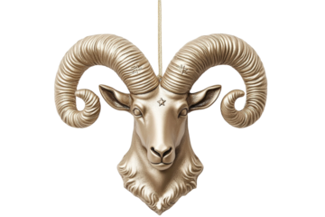 Elegant golden ram head sculpture with intricate horn details and decorative star hanging against a transparent background, perfect for architectural accents and artistic displays.
