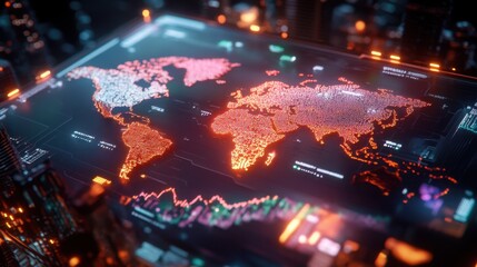 Neon-lit world map filled with real-time financial graphs and vibrant analytics, representing digital transformation