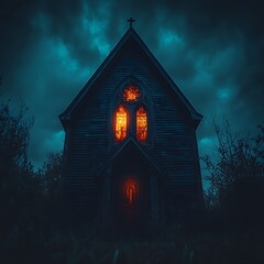 Fototapeta premium Eerie, dark church glows ominously at night