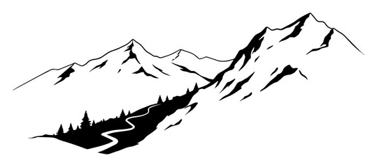 mountain range landscape bold black ink drawing