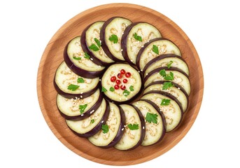 Arrangement of sliced eggplant on wooden plate isolated on white background