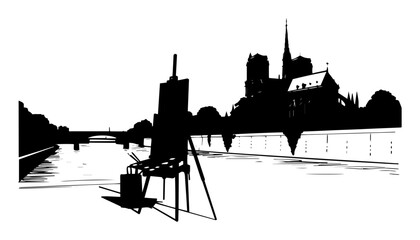 easel by river with cathedral stencil style vector graphic