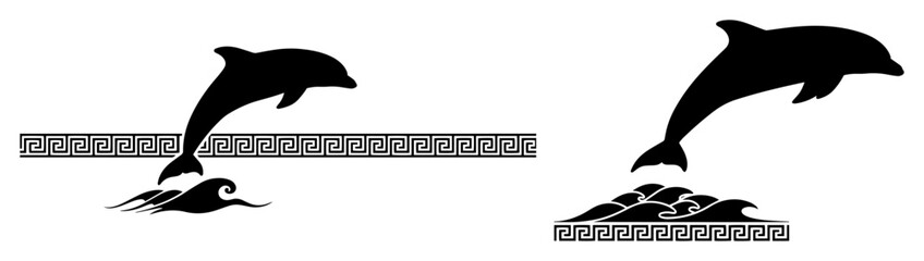 dolphins jumping over waves in greek style simple vector silhouette