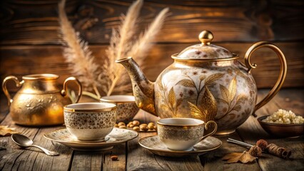Elegant gold tea set with ornate cups and teapot on rustic wooden table