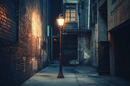 lonely streetlamp illuminating narrow alley at night, moody urban scenery with brick walls and dark shadows, atmospheric empty street with vintage lighting