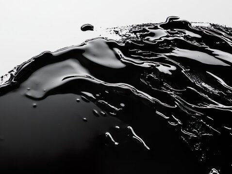 Macro detail of glossy black viscous liquid, like oil or tar, showing smooth folds, ripples, and scattered droplets against a dark background.