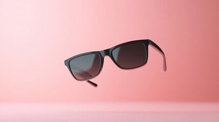 Stylish black sunglasses with dark tinted lenses and curved frames floating in front of a pink background suitable for fashion accessories and summer wear