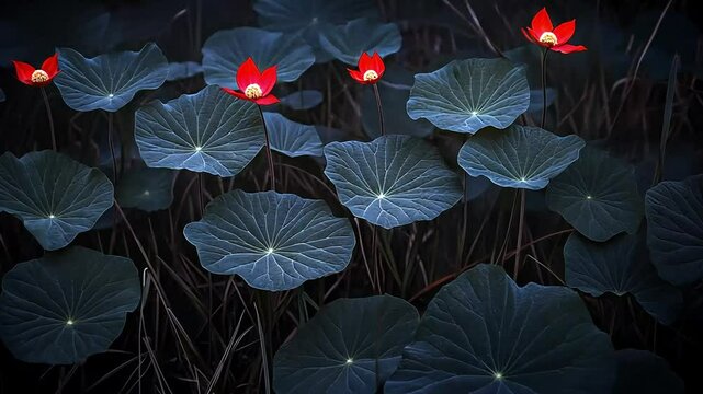 Red flowers blooming in dark swamp at night, nature background