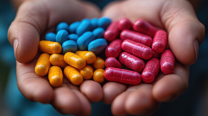 Close-up of hands holding colorful red, blue, and yellow capsules and tablets, representing healthcare, medication, and pharmaceutical treatment concepts..