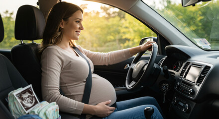 Pregnant woman smiling while driving in a sunny car interior  