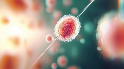 Obraz premium Microscopic Cellular Structure A vibrant detailed image of a single cell suspended on a transparent filament surrounded by a multitude of smaller translucent spheres bathed in soft diffused light