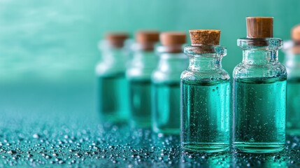Water-speckled essential oil bottles rest neatly against a cool mint-colored backdrop.