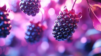 Vibrant Close-up of Fresh Blackberries on a Branch with Colorful Soft Focus Background for Food Photography