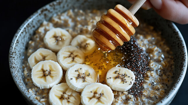 A hand carefully drizzles golden honey from a wooden dipper onto a breakfast bowl of oatmeal with banana slices and chia seeds for a healthy start to the day.