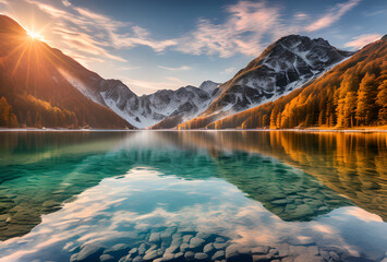 bright mountains against the backdrop of the river Serene landscape painting of a river winding through a lush green valley, nestled Mountainous lake scenery with vivid green meadows, tranquil blue la
