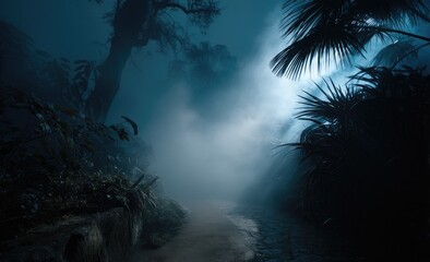 Misty jungle path at night