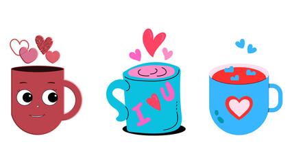Three coffee cups and Love Coffee breakfast drinks on a transparent background.
