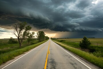 Dramatic Stormy Road Landscape with Ominous Skies and Moody Atmosphere