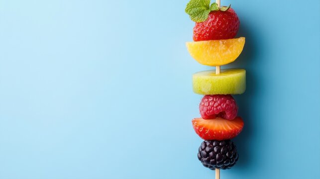 Colorful Fruit Skewers on a Blue Background Showcasing Freshness and Vibrancy of Natural Ingredients