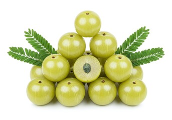Obraz premium Amla fruit pyramid with green leaves isolated on white background