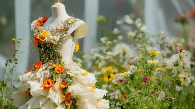 A fully compostable dress embedded with seeds, full of flowers, designed to sprout wildflowers after disposal.
