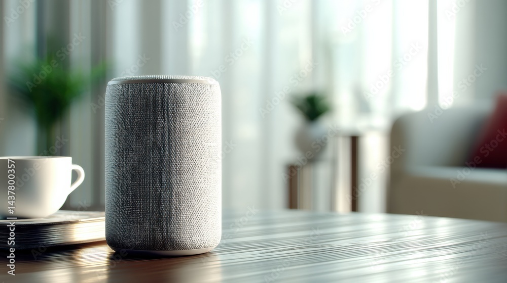 Aufkleber smart voice assistant device featured in a bright minimal room with a cozy atmosphere during daytime