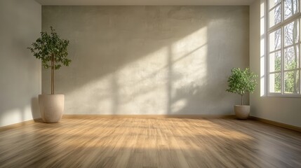 Sunlit Empty Room with Light Beige Walls Hardwood Floor and Two Potted Plants in Beige Pots