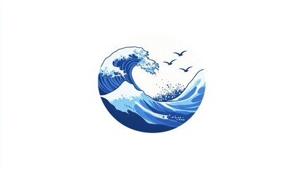 Ocean wave art, birds flying, minimalist design, calming background, perfect for decor