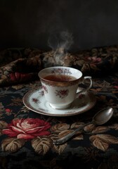 Fototapeta premium Vintage floral teacup with hot tea and steam on floral tapestry tablecloth.