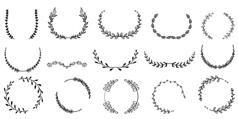Fototapeta premium Hand Drawn Botanical Laurel Wreath Clipart Collection | Minimalist Leafy Branch Frames for Invitations, Logos, and Decorative Designs