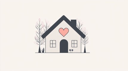 Cozy home illustration, spring trees, love symbol, peaceful background, ideal for home d?cor