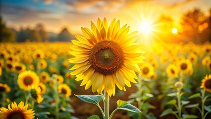 Fototapeta premium Golden Sunflower in a Field at Sunset, Bathed in Warm Light and Vibrant Colors, a Symbol of Summer's Radiant Beauty
