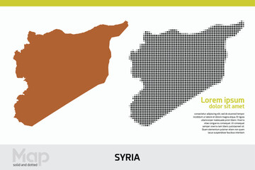 Map of Syria in dual designs, featuring brown solid details and black abstract dotted patterns, isolated on a white background