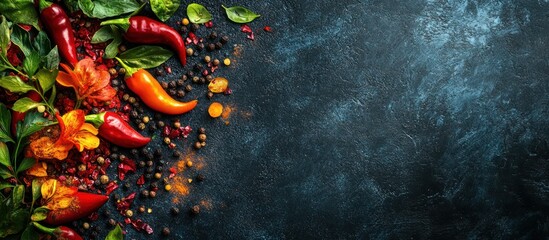 Spicy peppers, herbs, dark background, food blog