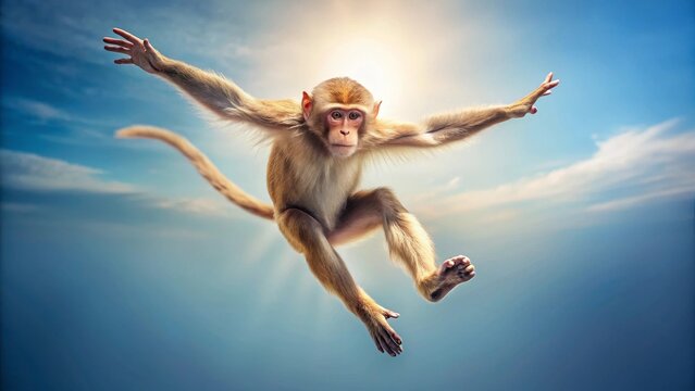 A Young Primate in Mid-Air Leap, Soaring Through a Vivid Azure Sky with a Bright Celestial Radiance