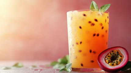 Fototapeta premium Refreshing Passion Fruit Drink with Fresh Mint Leaves and Juicy Fruit Slice on a Colorful Background