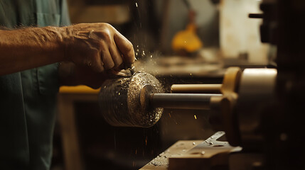 Woodworker Using Lathe to Shape Wood
