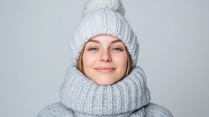 A young woman wearing a cozy knitted hat and scarf, standing against a plain light background, winter fashion concept, and close-up portrait.