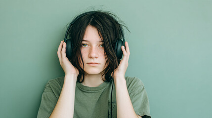 Fototapeta premium portrait teenager green shirt wearing headphones listening music close up casual lifestyle technology sound modern youth colorful expression indoor 