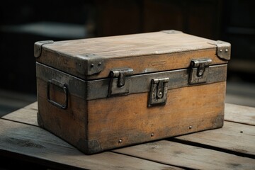 Rustic wooden chest with metal hardware.