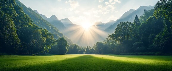 Sun beams over lush green meadow, mountains, and vibrant trees. Beautiful nature