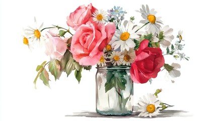 Fototapeta premium Watercolor mason jar with a bouquet of roses, daisies, and wildflowers, on a white background